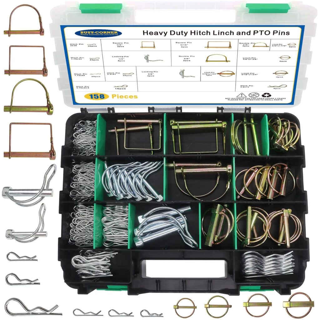 158 PCS Heavy Duty Hitch Pin Clip Pins - PTO Pins, Linch and Shaft Locking Pins for Trailers Trucks Towing Mowing, Farm Equipment, Snow Plows, Heavy Duty Trailers Accessories Tractor Attachments