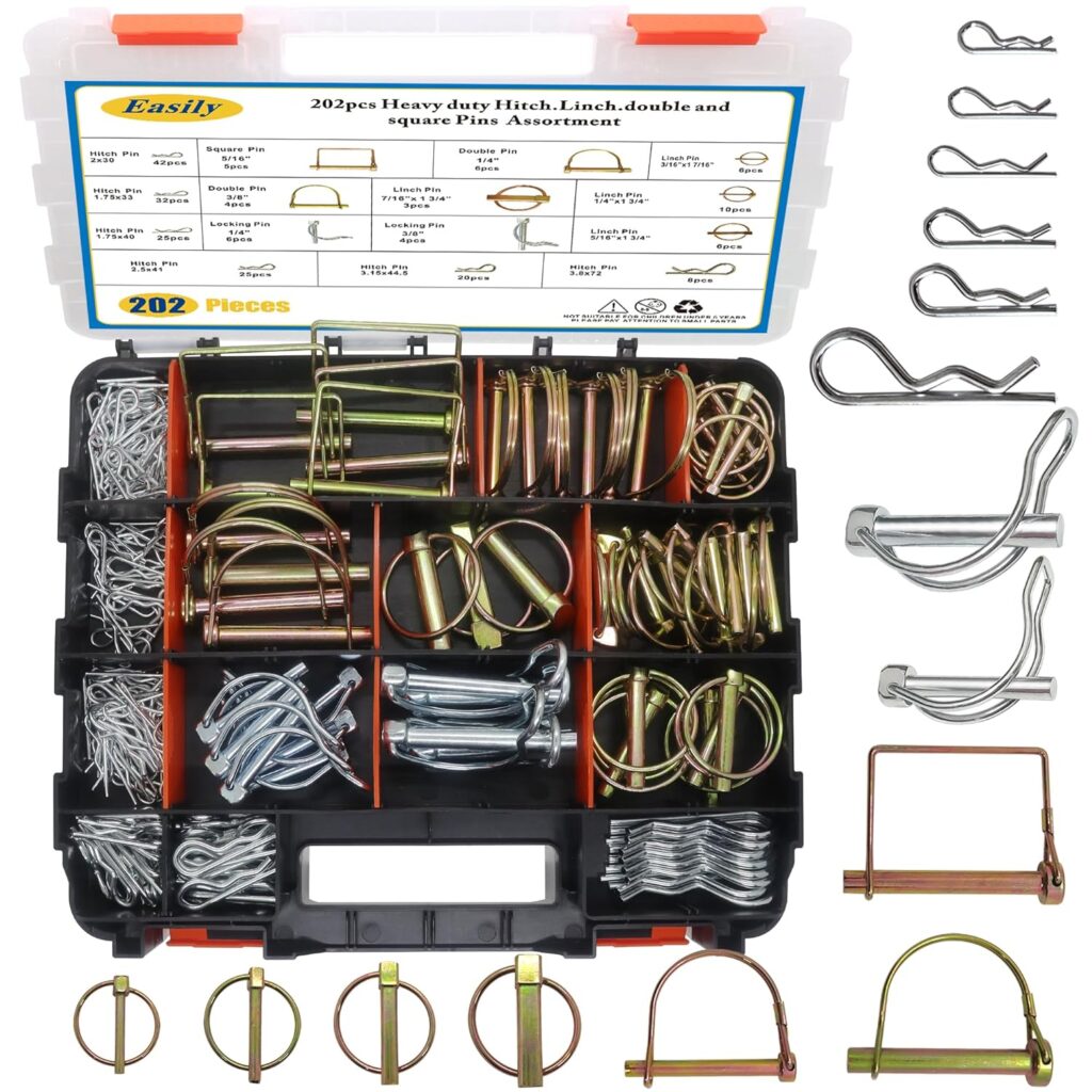 202PCS Hitch Pins Clip Pins, Linch and PTO Pins for Trailers Tractors Trucks Towing Mowing, Farm Equipment, Snow Plows, Lawnmowers Garage, Heavy Duty Trailers Accessories Tractor Attachments