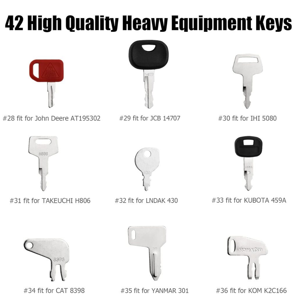 42 Heavy Equipment Keys Master Set, Construction Ignition Key for Cat Caterpillar Case JD John Deere Hyster Komatsu Kubota Yanmar Daewoo Takeuchi Ford New Holland Volvo JCB and More