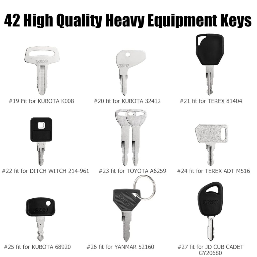 42 Heavy Equipment Keys Master Set, Construction Ignition Key for Cat Caterpillar Case JD John Deere Hyster Komatsu Kubota Yanmar Daewoo Takeuchi Ford New Holland Volvo JCB and More