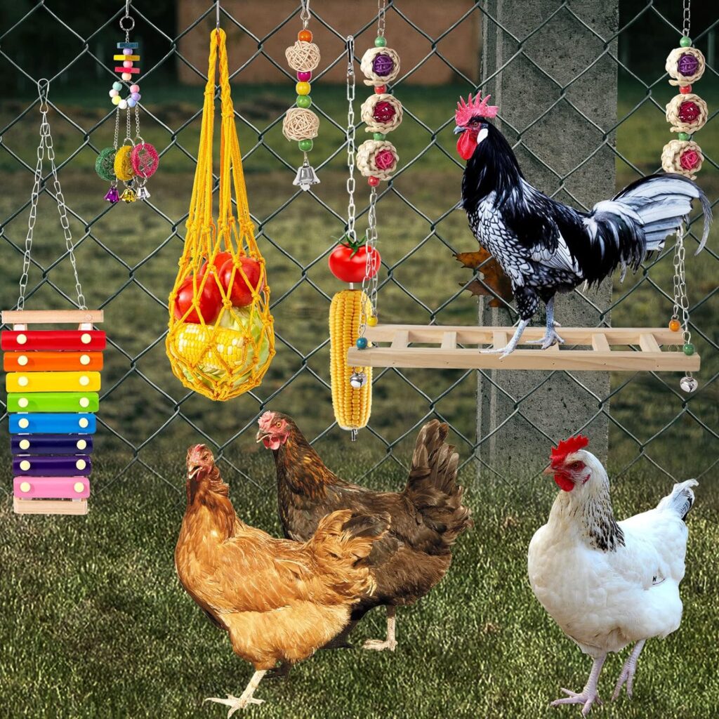 9 Packs Chicken Toys Set - with Chicken Xylophone Toy, Chicken Mirror, Chicken Ladder Bridge, Coop Swing, Vegetable Hanging Chicken Feeder, Chewing Foraging Toys, Accessories for Hens