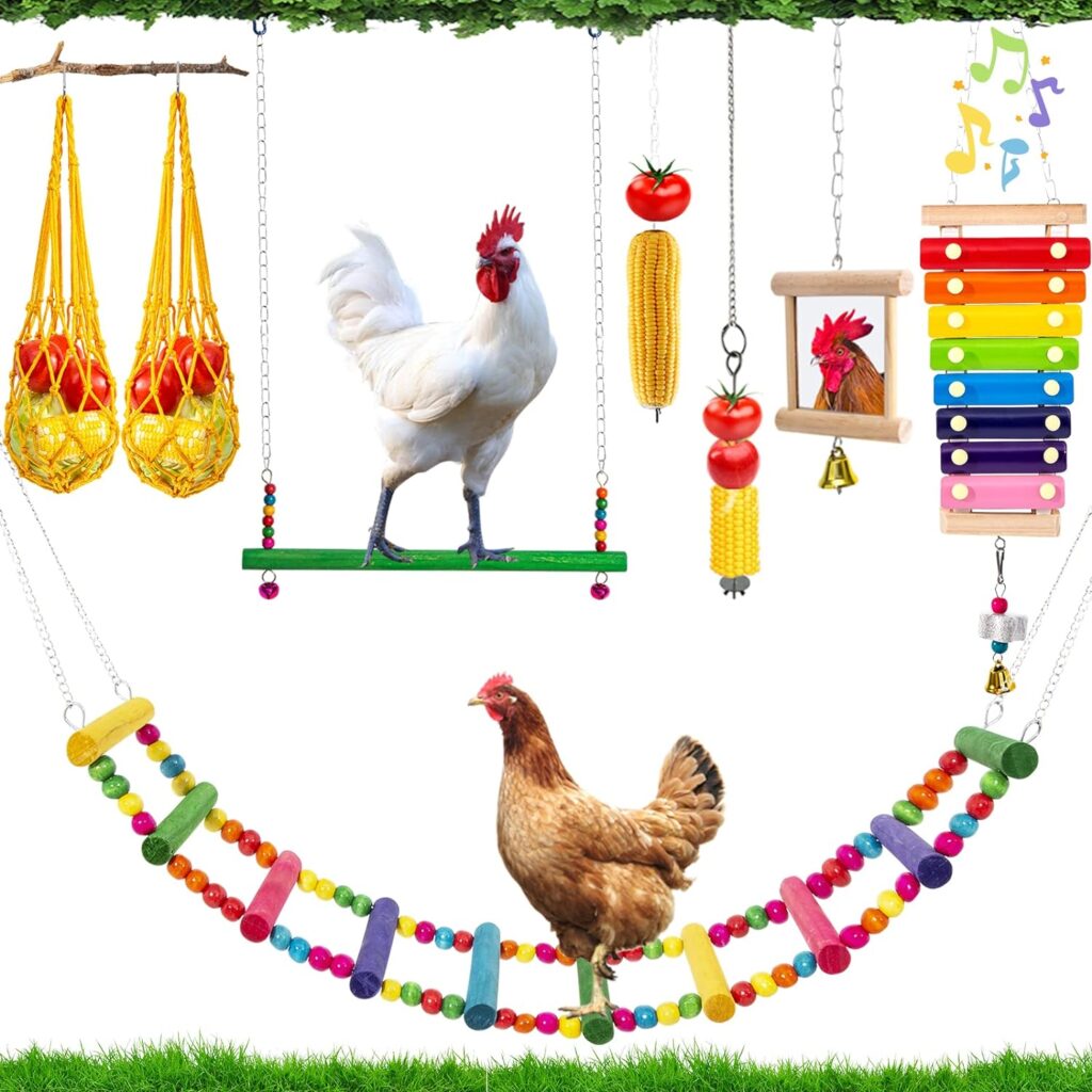 9 Packs Chicken Toys Set - with Chicken Xylophone Toy, Chicken Mirror, Chicken Ladder Bridge, Coop Swing, Vegetable Hanging Chicken Feeder, Chewing Foraging Toys, Accessories for Hens