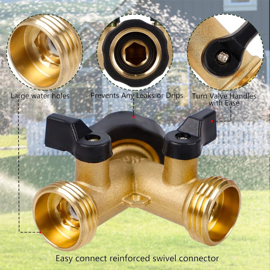 Biswing Garden Hose Splitter 2 Way, Heavy Duty Brass Connector Tap Splitter, Y Splitter 2 Valves with 2 Extra Rubber Washers