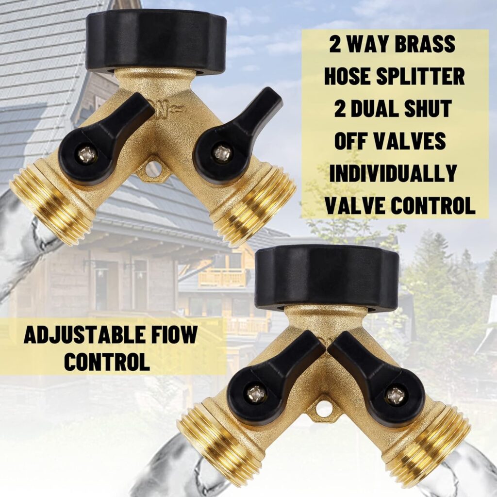 Biswing Garden Hose Splitter 2 Way, Heavy Duty Brass Connector Tap Splitter, Y Splitter 2 Valves with 2 Extra Rubber Washers