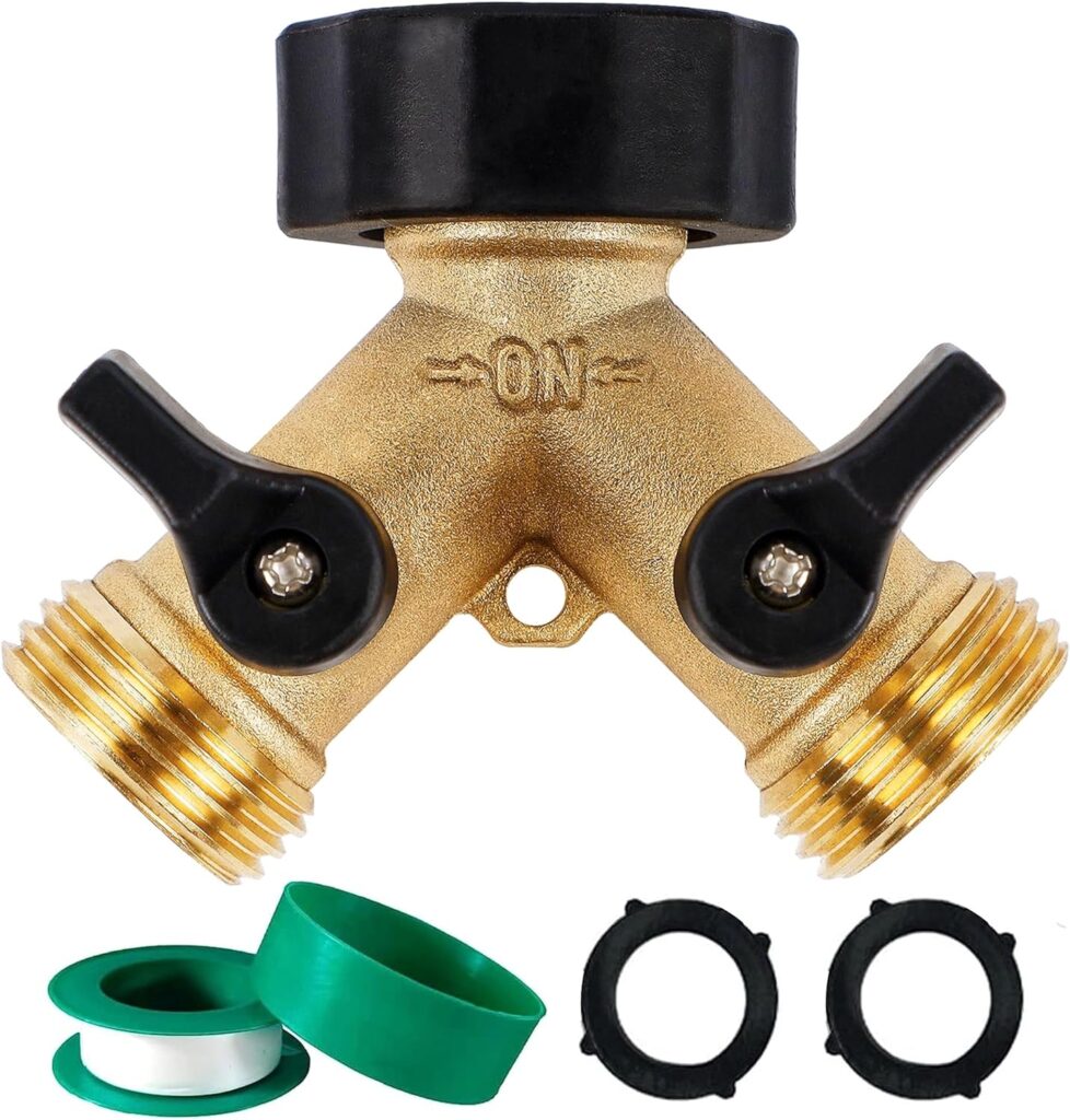 Biswing Garden Hose Splitter 2 Way, Heavy Duty Brass Connector Tap Splitter, Y Splitter 2 Valves with 2 Extra Rubber Washers