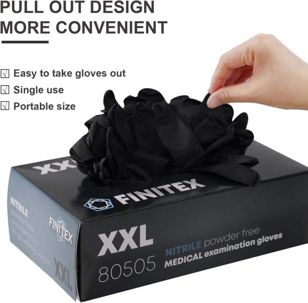 FINITEX - Black Nitrile Disposable Gloves, 5mil, Powder-free, Medical Exam Gloves Latex-Free 100 PCS For Cleaning Food Gloves (XX-Large (Pack of 90))