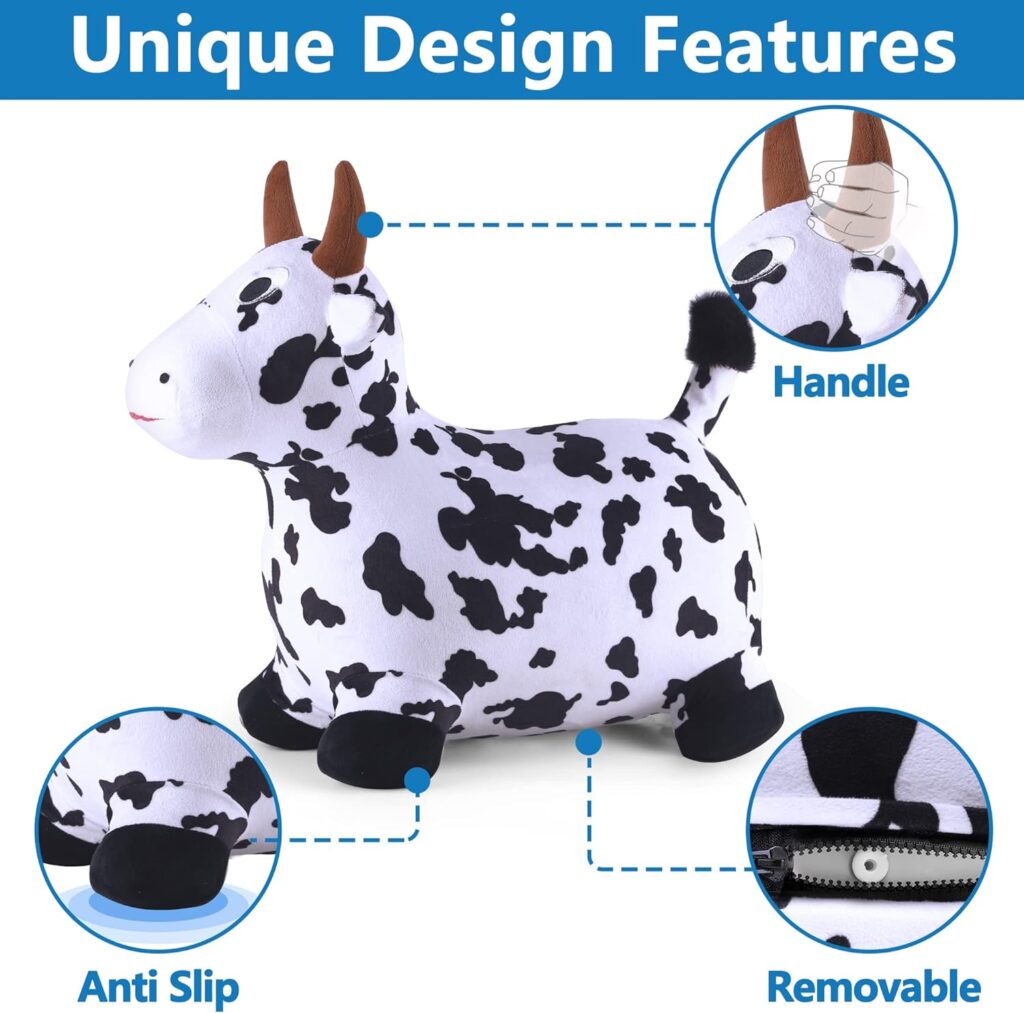 iPlay, iLearn Bouncy Pals Cow Hopping Horse, Outdoor Ride on Bouncy Animal Play Toys, Inflatable Hopper Plush Covered with Pump, Birthday Gift for 18 Months 2 3 4 5 Year Old Kids Toddlers Boys Girls