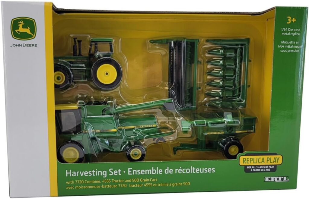 John Deere 1/64 Scale 5 pc Harvesting Set 4555 Tractor, 7720 Combine w/2 Heads, 500 Grain Cart