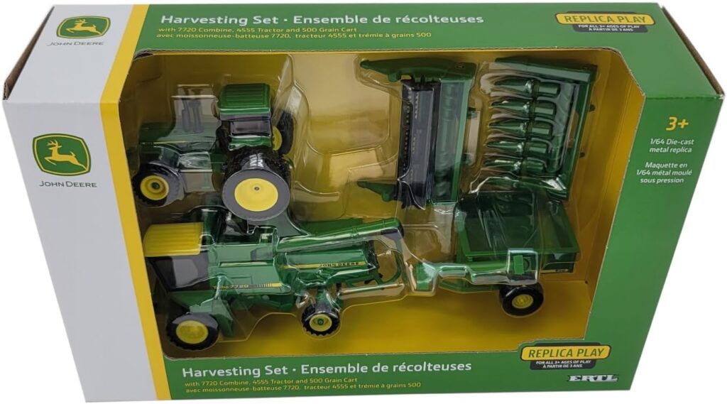 John Deere 1/64 Scale 5 pc Harvesting Set 4555 Tractor, 7720 Combine w/2 Heads, 500 Grain Cart