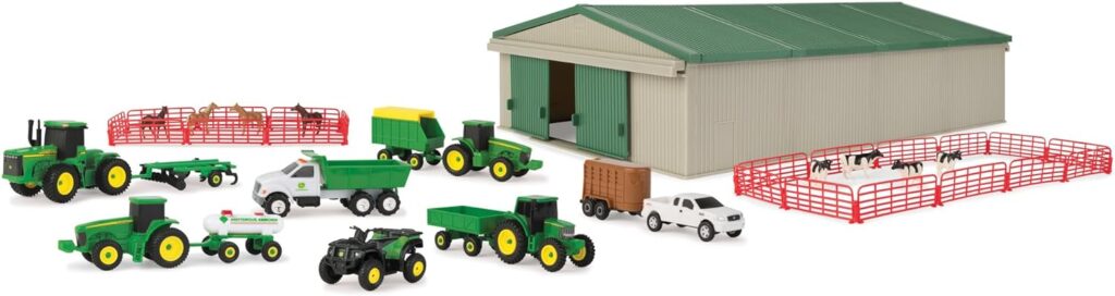 John Deere Die-Cast Farm Toys Playset - 1:64 Scale - Includes Farm Animals, Machine Shed, Toy Tractors, Toy Trucks, and Farm Tools - 70 Count - 8 Years and Up