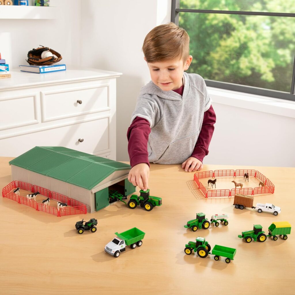 John Deere Die-Cast Farm Toys Playset - 1:64 Scale - Includes Farm Animals, Machine Shed, Toy Tractors, Toy Trucks, and Farm Tools - 70 Count - 8 Years and Up