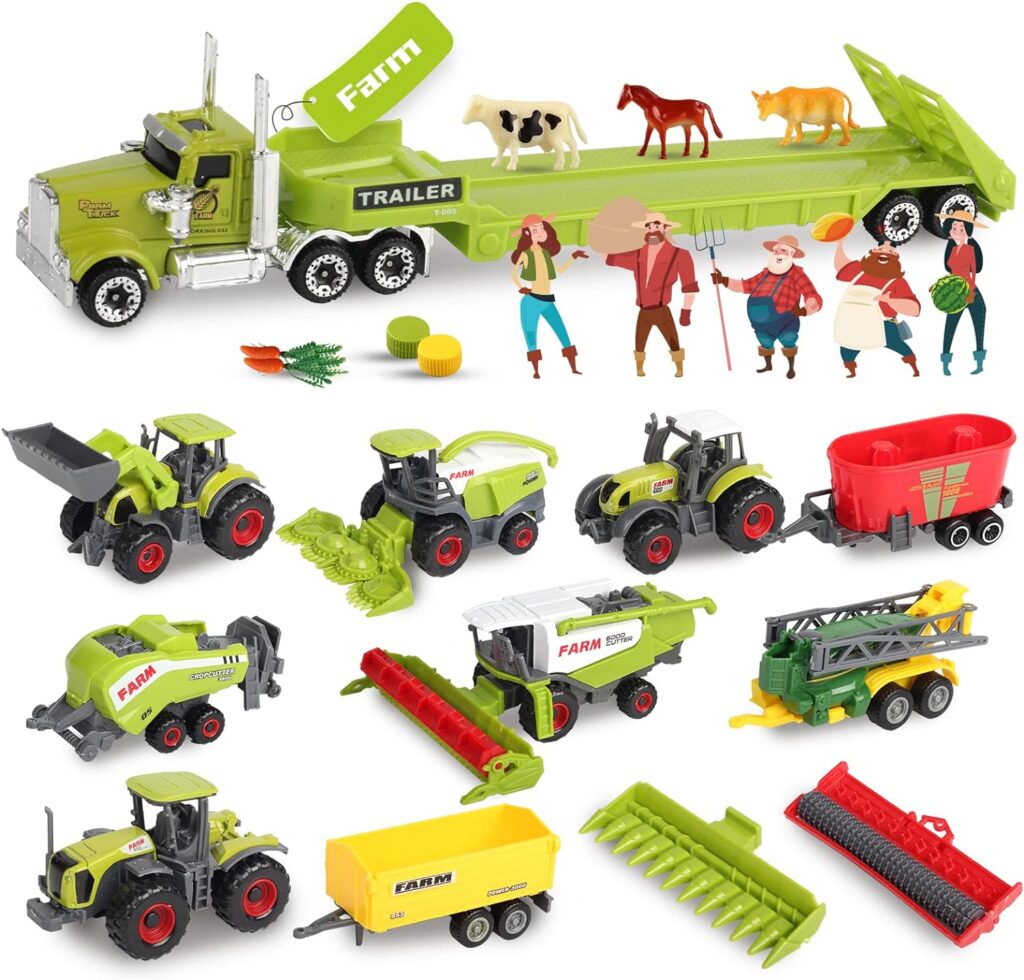 Oriate Kids Farm Toys Realistic Tractor Vehicle Playset, Diecast Car Set Educational Mini Farm Animals with Flatbed Trailer, Birthday Gift for Children 3+ Year Old