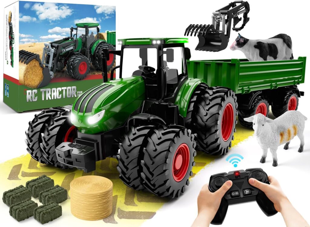 Remote Control Tractor Toy, Kids RC Tractor Set  Truck and Trailer Front Loader - Metal Car Head/8 Wheel/Light, Toddlers Farm Vehicle Toys for 3 4 5 6 7 8 9 Year Old Boys Girls Birthday Gift