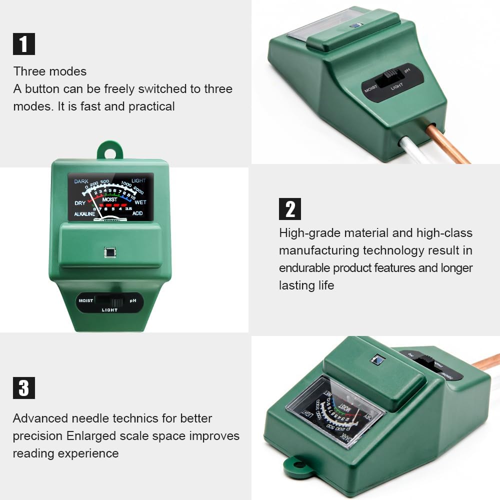 Soil pH Meter, MS02 3-in-1 Soil Moisture/Light/pH Tester Gardening Tool Kits for Plant Care, Great for Garden, Lawn, Farm, Indoor  Outdoor Use (Green)