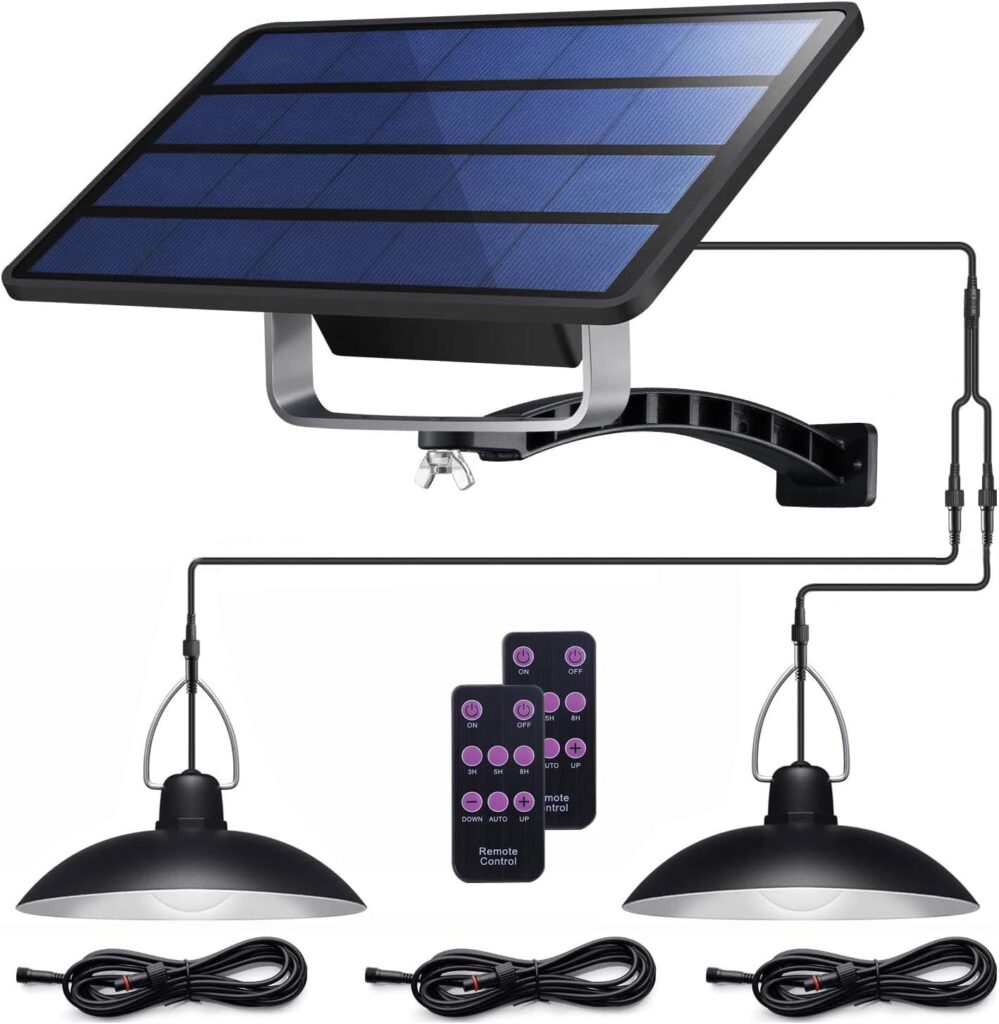 Solar Pendant Lights Upgraded Double Bulb Lights IP65 Waterproof Dusk to Dawn Auto Lamp with Remote Controller for Outdoor Shed Barn Chicken Coop Bullpen Pig Pen Stables Tents etc(Dual Lamp)