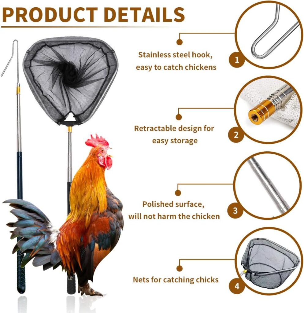 Upgraded Chicken Net and Chicken Catcher Leg Hook, Stainless Steel Retractable Long Chicken Catcher, Farm Tools for Poultry Chicken Turkeys Geese Ducks Birds Small Animals and Fish