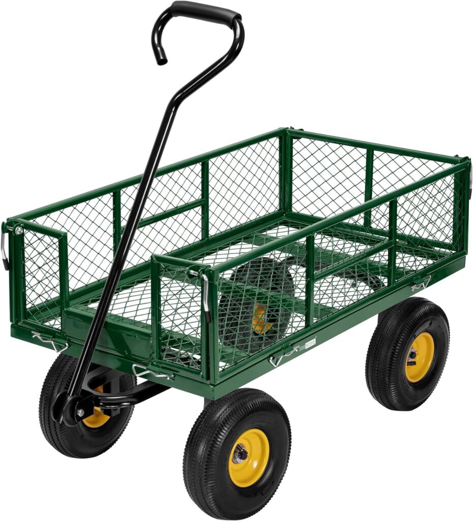 VIVOHOME Heavy Duty 880 Lbs Capacity Mesh Steel Garden Cart Folding Utility Wagon with Removable Sides and 4.10/3.50-4 inch Wheels (Green)